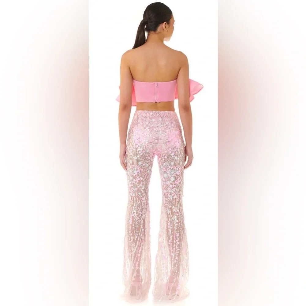 Eliya The Label Alyce Pink Sequin Flare Pants US 4 High Waist SOLD OUT - Picture 3 of 12